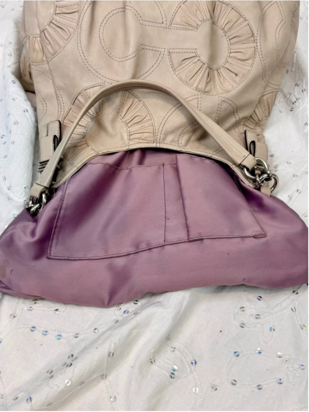 Coach 2010 Madison Maggie Putty Leather Op Art Shoulder Bag Lavender lining